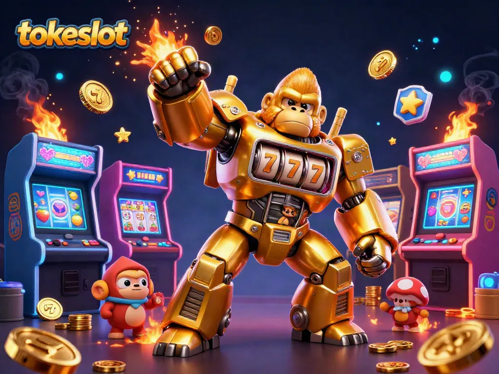TokeSlot's dynamic gaming scene with a golden mech gorilla and vibrant arcade elements