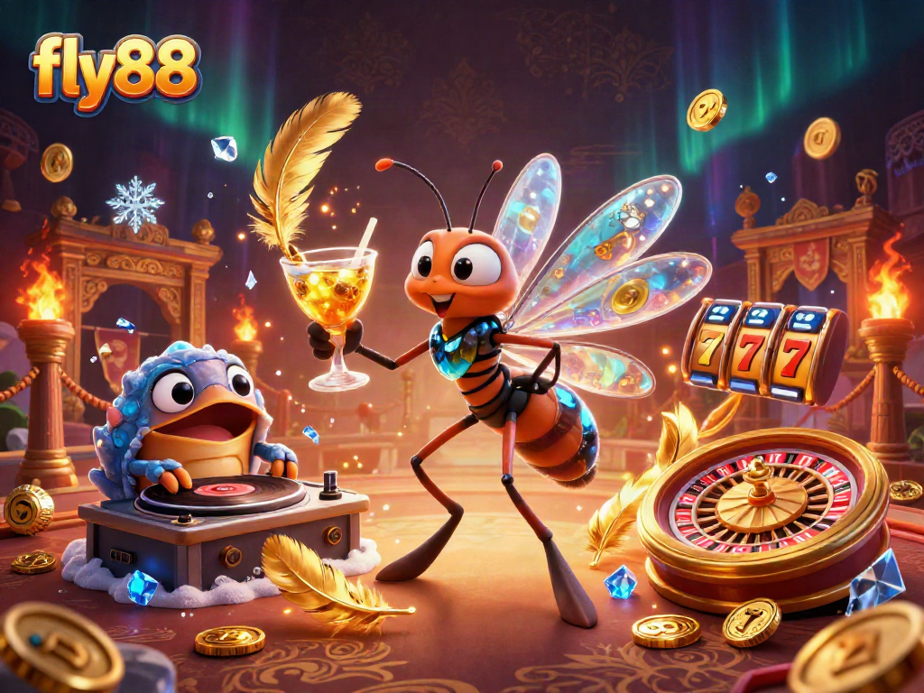 Fly88 casino scene featuring a playful mosquito mascot, trilobite DJ, and golden roulette wheel.