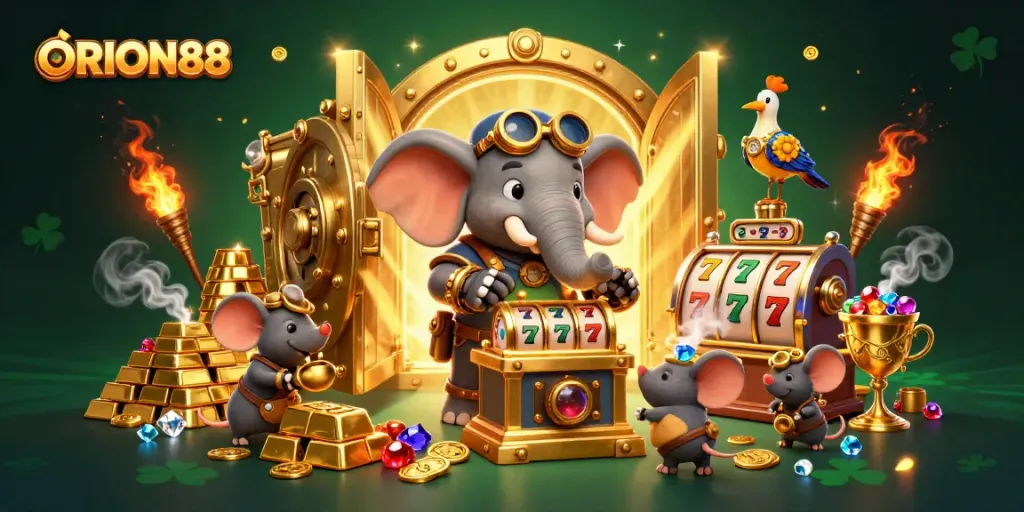 Win big at ORION88 with an enchanting scene of a steampunk elephant operating a golden slot machine.