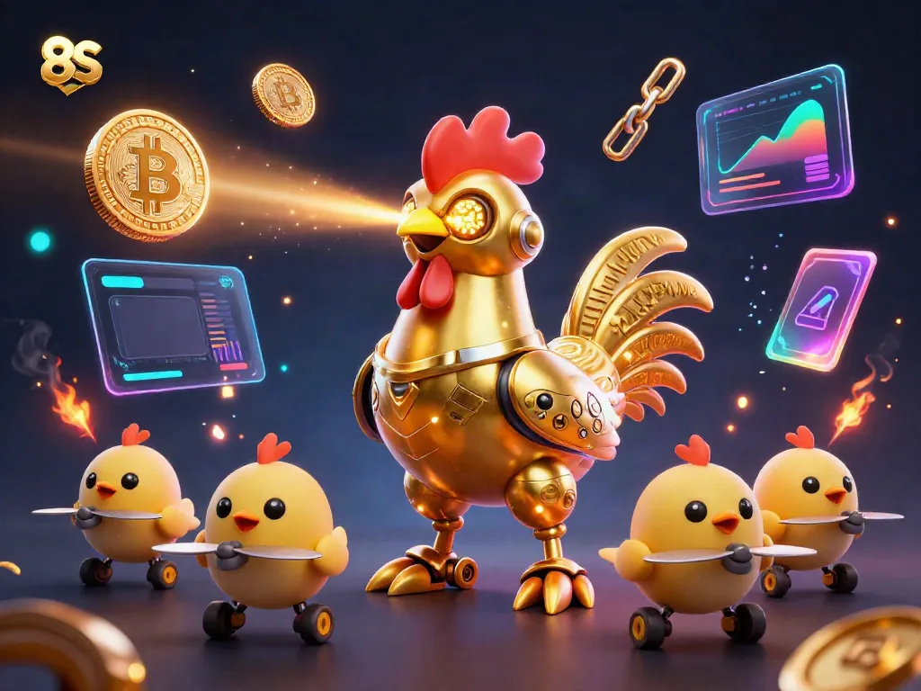 Engage with the dynamic 8S gaming experience featuring a golden rooster robot and crypto elements.