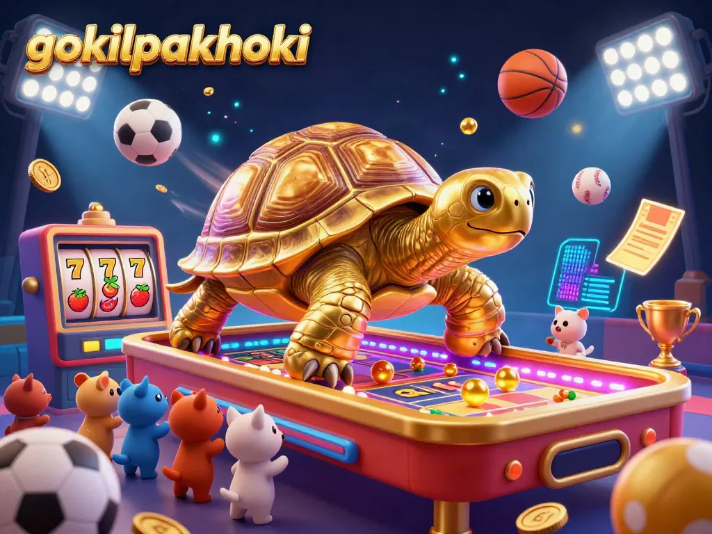 Gokilpakhoki menunjukkan keseruan mesin slot dengan karakter kura-kura emas dalam ilustrasi kasino digital