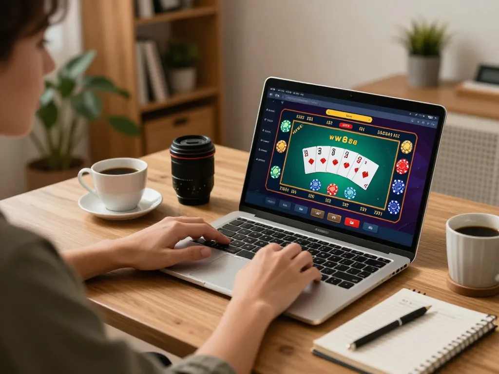 Engaged player using WW88 laptop for online gambling strategies in warm, inviting home office.
