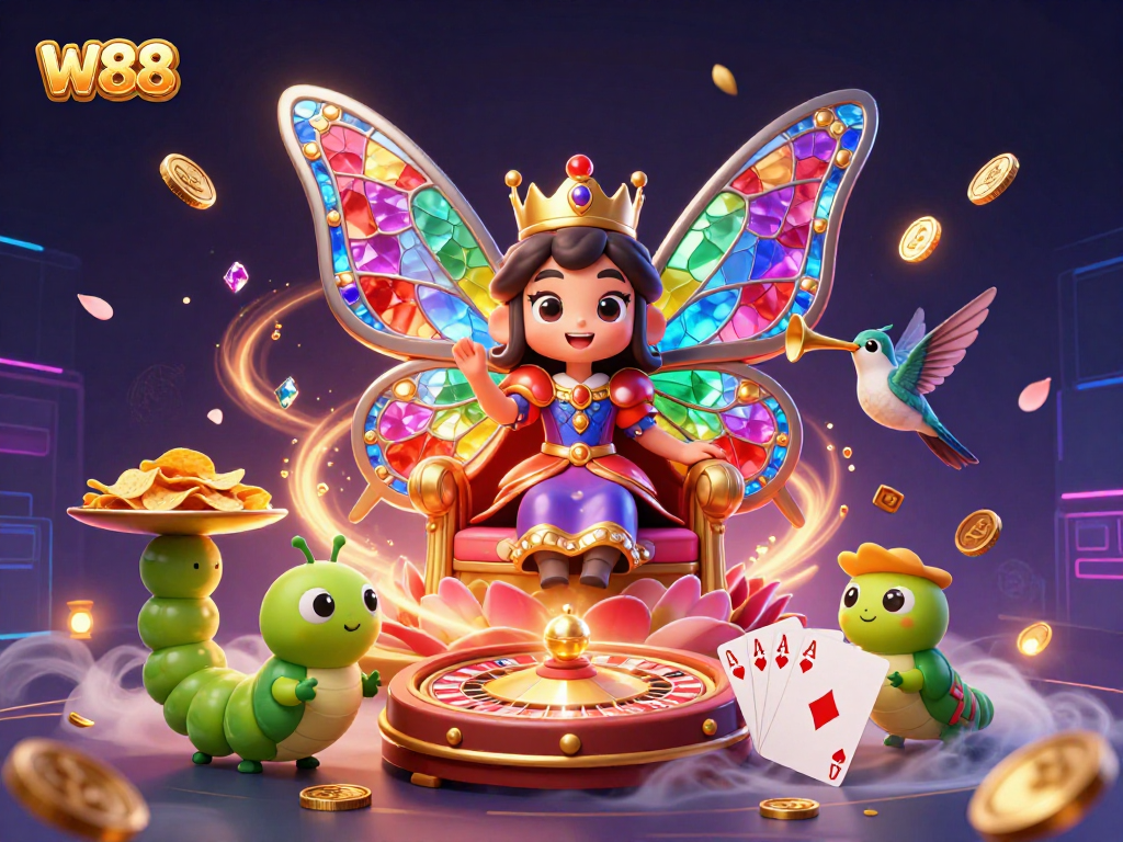 Experience the vibrant world of W88 with beautifully illustrated casino elements like a butterfly queen and dynamic gaming features.