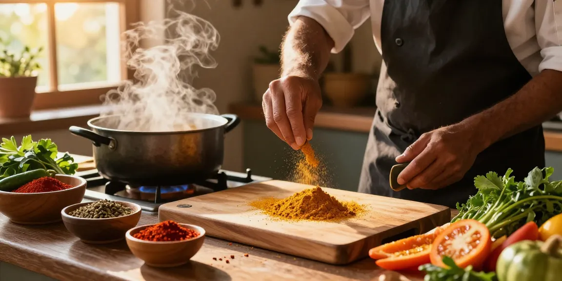 Koki mengukur annatto di dapur yang cerah dengan bahan segar di sekelilingnya.