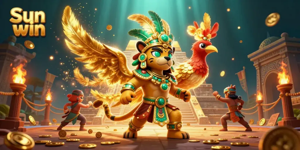 Play exciting games at Sun win, featuring a mystical atmosphere with a Mayan priest and golden treasures.
