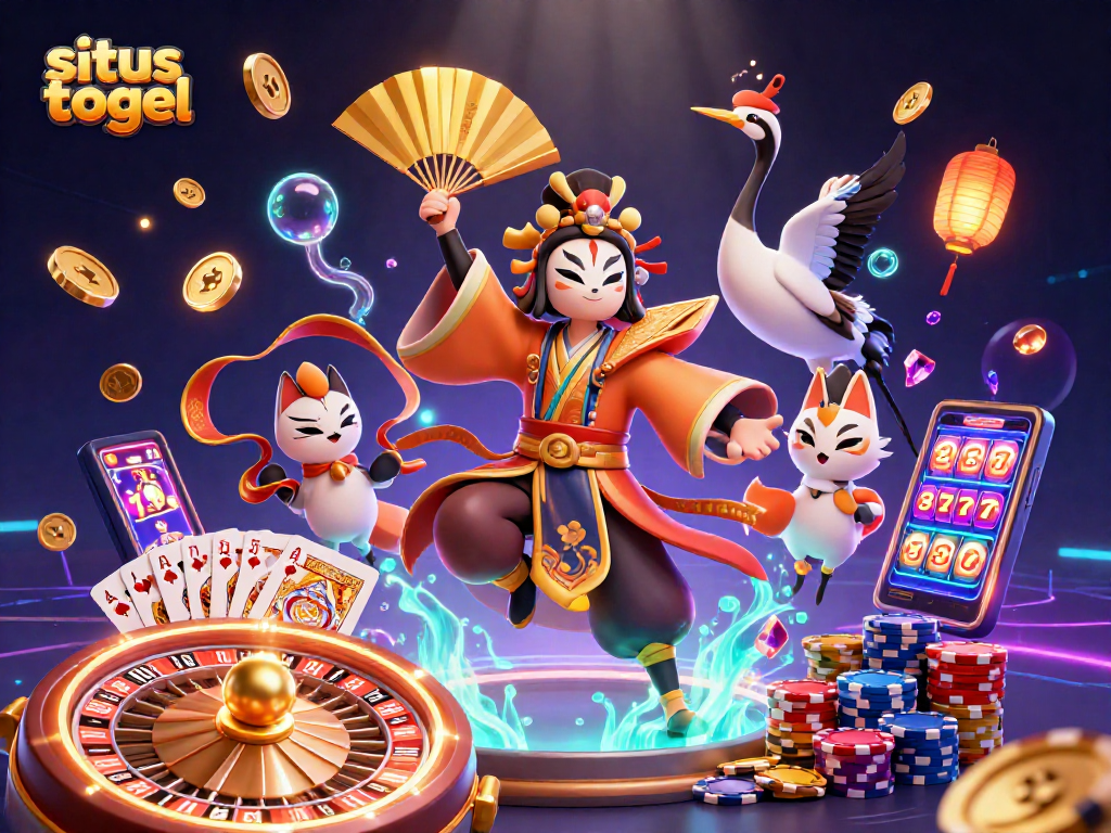 Situs togel menampilkan ilustrasi 3D karakter kabuki dengan harta casino terbang di sekitarnya.
