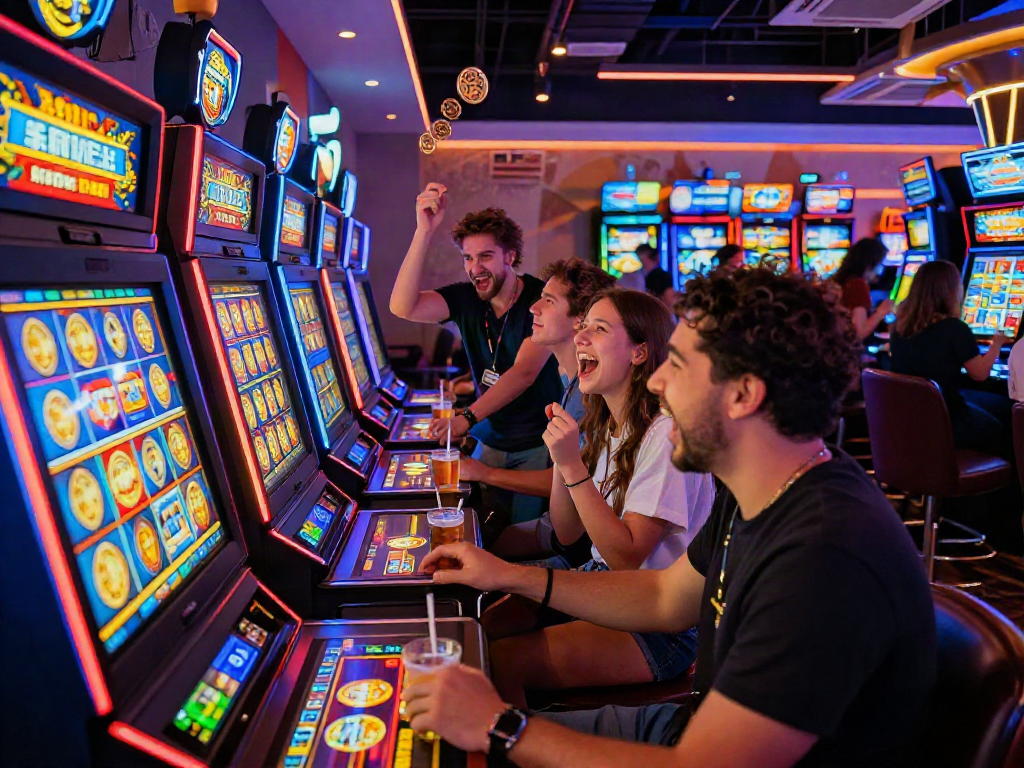Pemain slot gacor menikmati permainan di kasino yang ramai dengan tawa dan keceriaan.