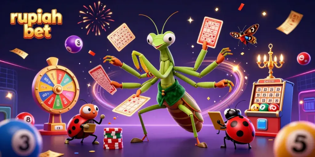 Experience the thrill with rupiah bet as the giant praying mantis card sharp deals cards amidst a vibrant gambling scene.
