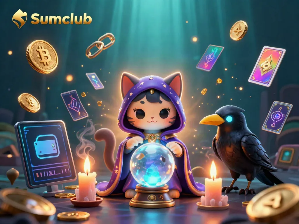 Engage with Sumclub's mystical casino world featuring a fortune teller cat and tarot raven.