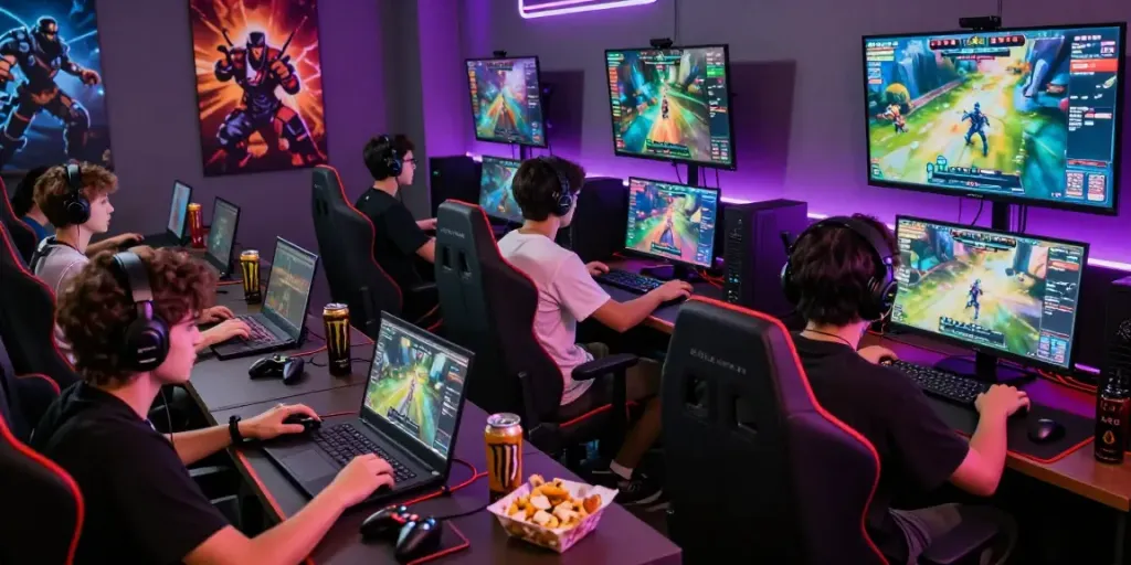 Pengguna Kediritoto bermain game dalam suasana kompetitif di lounge gaming yang cerah.