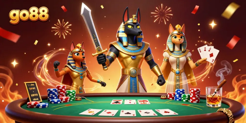 Bet on go88 with vibrant poker action featuring Anubis, Bastet, and colorful poker elements.