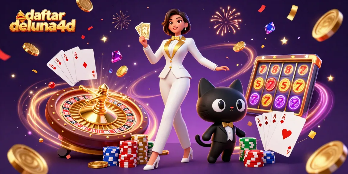 Join the excitement with daftar deluna4d, featuring a glamorous card dealer and vibrant casino elements.