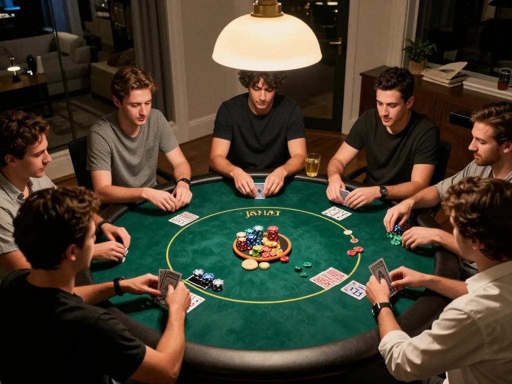 Engaging home poker night showcasing friends enjoying their game while utilizing the slot88 resmi strategies.