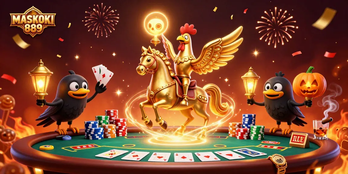 Experience the thrill of MASKOKI889 as a golden rooster gaming in a vibrant casino scene.
