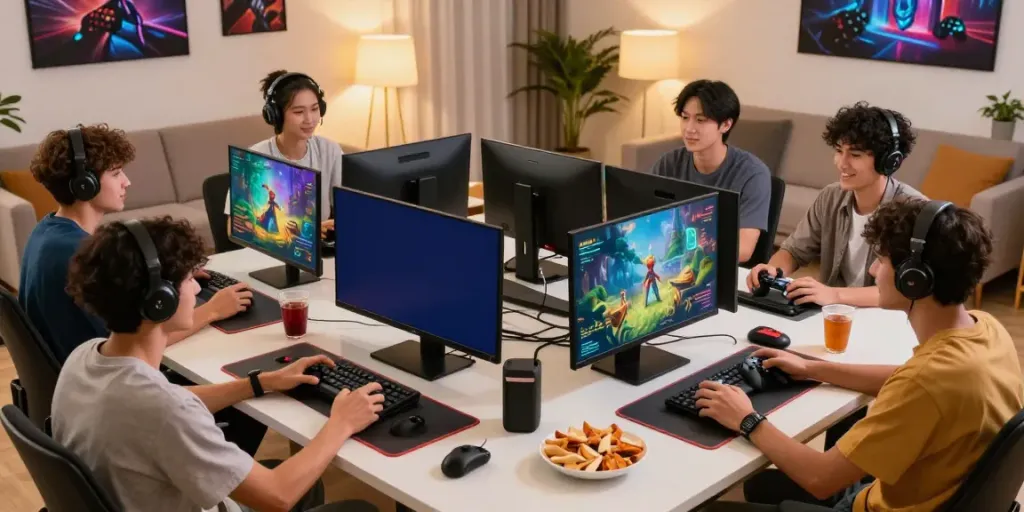 Suasana gaming seru dengan bukumimpi138, kelompok orang bermain game di ruang tamu modern.