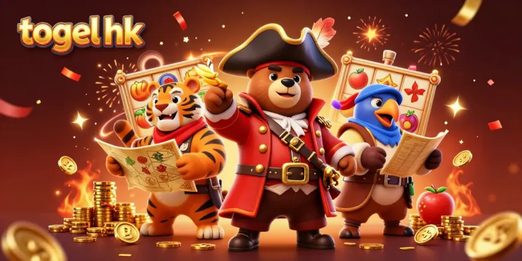 Menggambarkan suasana slot togel hk dengan karakter kartun 3D, permainan yang menggembirakan, dan koin emas bertebaran.