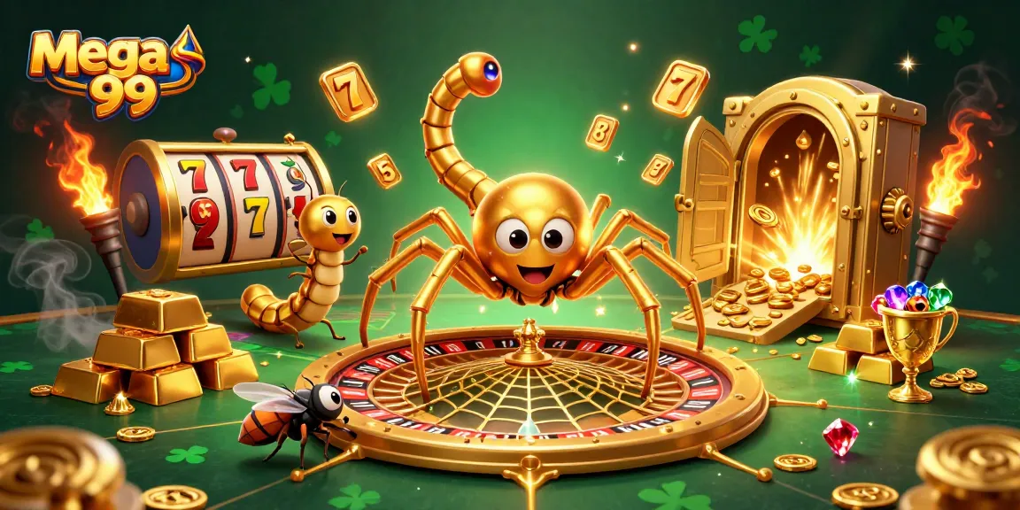 Spin to win at mega 99 with a golden spider and jackpot symbols in a vibrant casino scene.