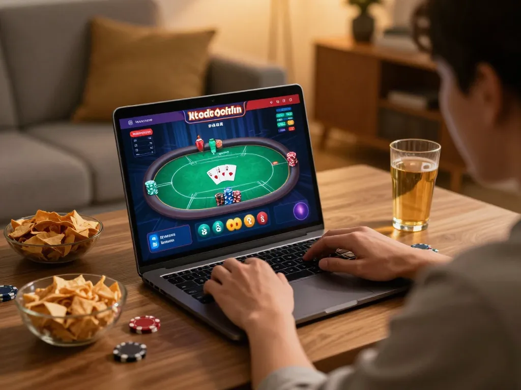 Pemain Kenzototo online menikmati permainan poker yang menarik di rumah dengan makanan ringan, menyoroti perjudian yang bertanggung jawab.