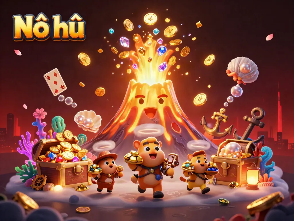 Nổ hũ gaming illustration with a golden volcano spewing coins and treasure amid lively characters.
