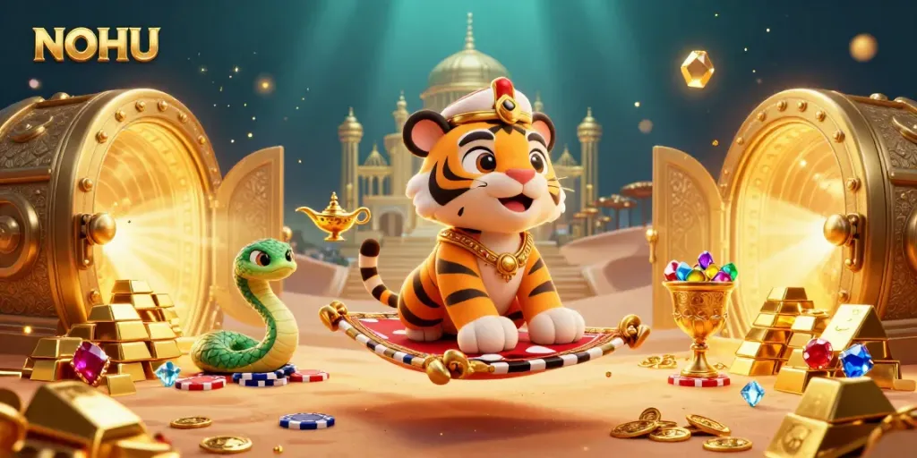 Play and win with NOHU’s dynamic Arabian Nights-themed casino adventure illustration.