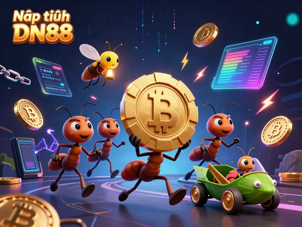 Engage in Nạp tiền DN88 action with a fun heist scene featuring cartoon ants and crypto coins
