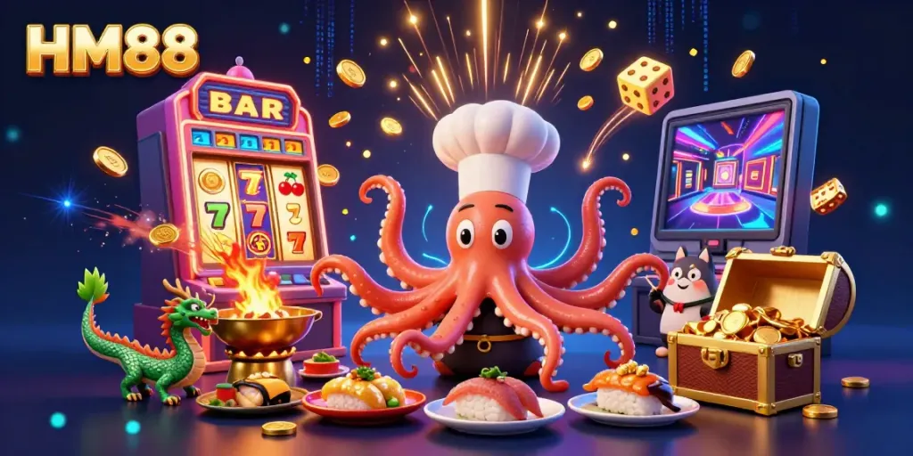 Experience exhilarating casino excitement with HM88's vibrant gaming scene of characters and jackpots.