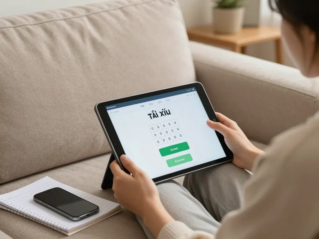 Engaging with the app tài xỉu on a tablet in a cozy home setup, promoting responsible gaming