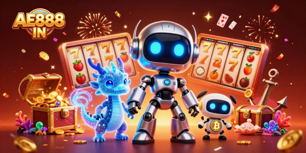 Experience the excitement of AE888 IN with vibrant slot reels and a dazzling 3D scene of fun!