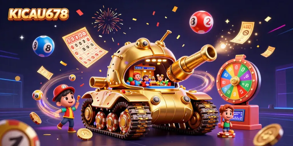 KICAU678 showcases an immersive casino scene inside a golden beetle tank, surrounded by vibrant gambling elements.