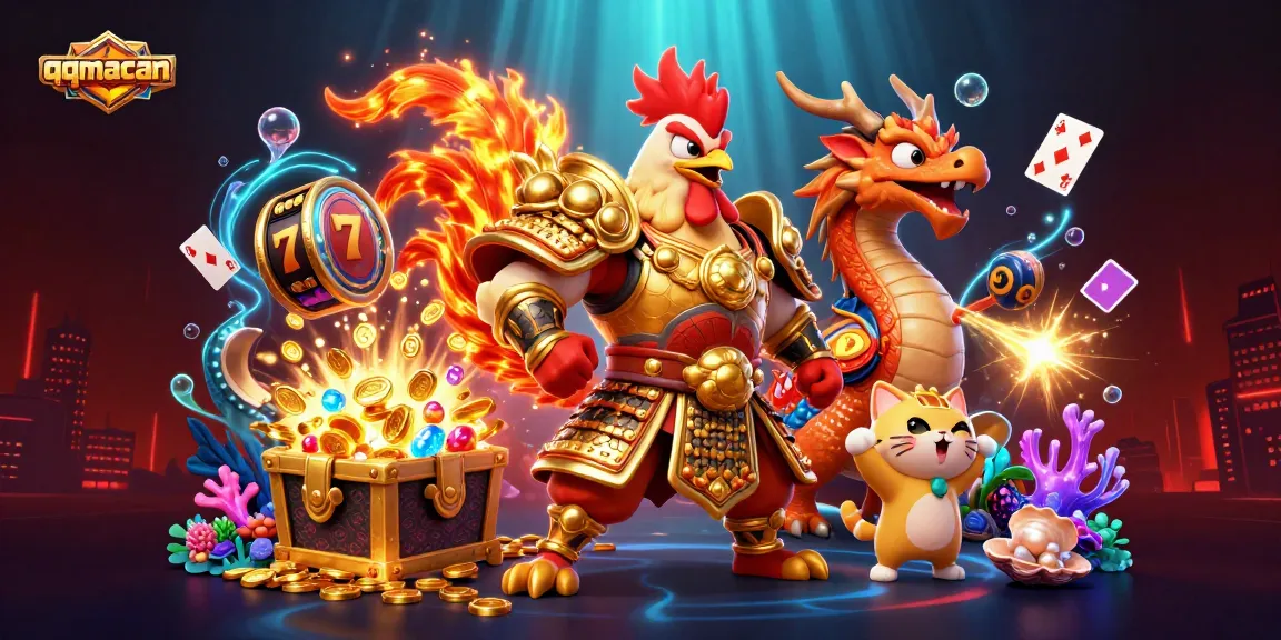 Engage in thrilling gameplay with qqmacan's vibrant 3D illustration capturing slots and iconic casino elements.