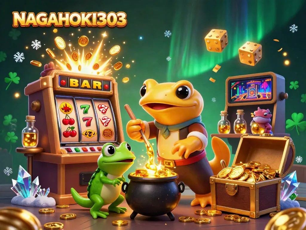 NAGAHOKI303 showcases an enchanting 3D scene with a golden salamander alchemist and dynamic casino elements.