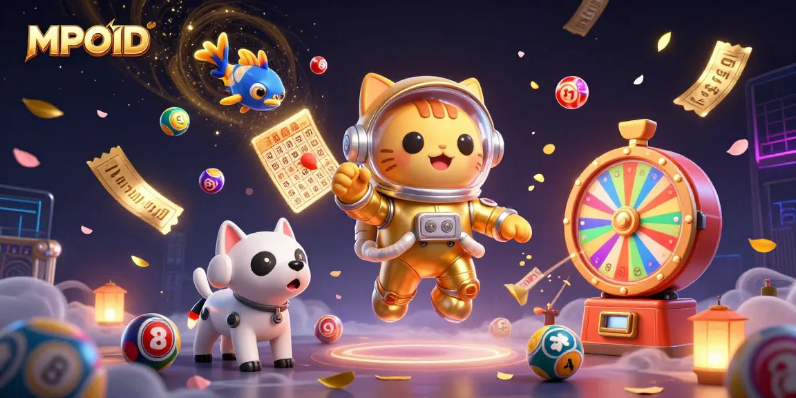 MPOID's vibrant 3D scene combines lottery elements with a cosmic theme featuring a floating astronaut cat.
