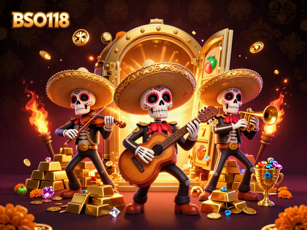 Experience thrilling wins with BSO118 while enjoying a colorful mariachi skeleton band amidst casino excitement.