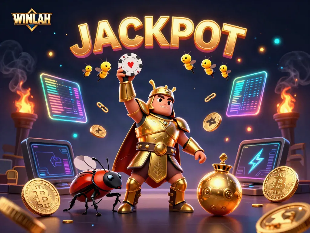 WINLAH's 3D animated scene showcases victory with fireflies spelling JACKPOT, highlighting casino excitement.
