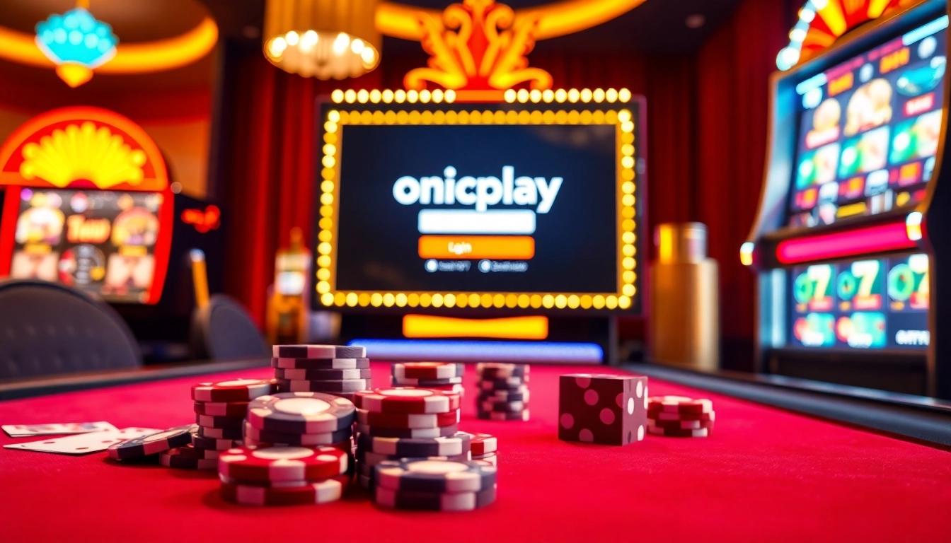 The dynamic onicplay login interface showcased within a bright casino scene, featuring vibrant slot machines and poker tables.