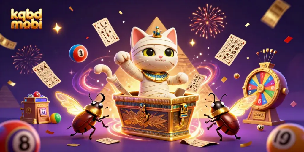 Engaging scene of KQBD MOBI featuring a mummy cat with dynamic lottery elements, creating excitement in gambling.