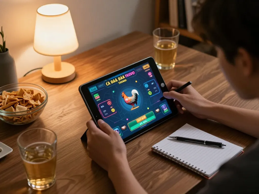 Buổi chơi game Cá đó đá gà thomo trực tuyến với tablet, đồ họa sống động và không gian ấm cúng.
