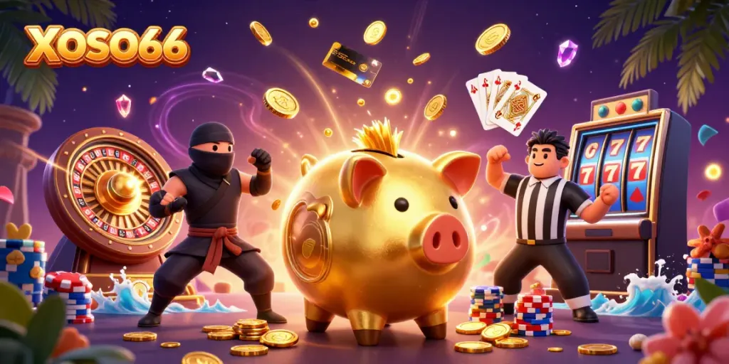 XOSO66 showcases a lively casino atmosphere with a golden piggy bank sumo wrestler and magical elements.