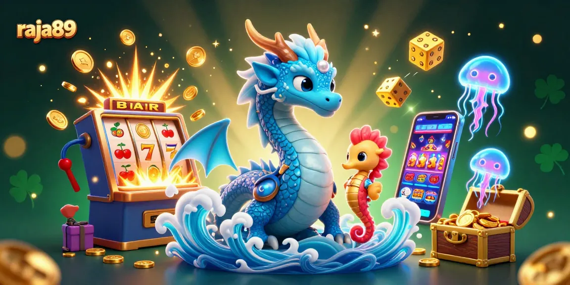 Experience electrifying wins with raja89 featuring a vibrant 3D casino battle of a majestic water dragon and coral knight.