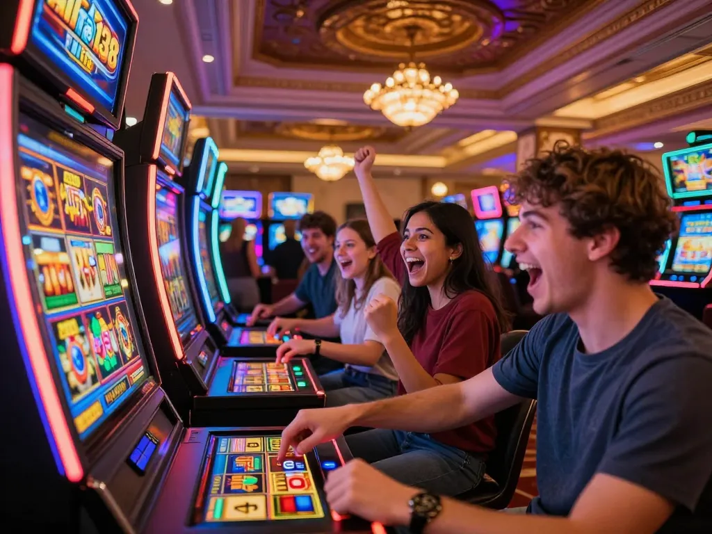 Experience excitement with players at a vibrant casino engaging with alfa138 slot machines in a lively atmosphere.