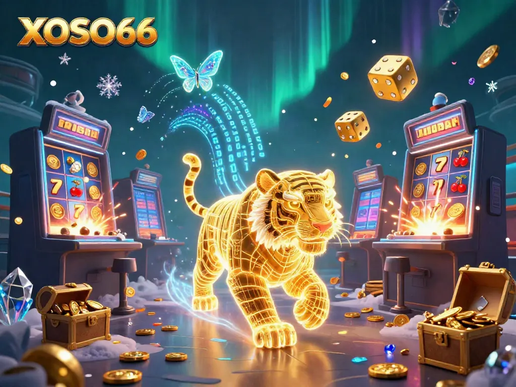 Experience the thrill of XOSO66 with a dynamic digital casino scene featuring exciting games and vibrant visuals.