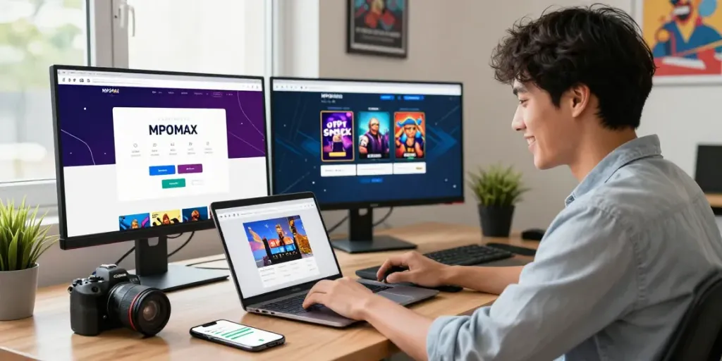 MPOMAX user navigating the website with easy access to login links and gaming services in a modern workspace.