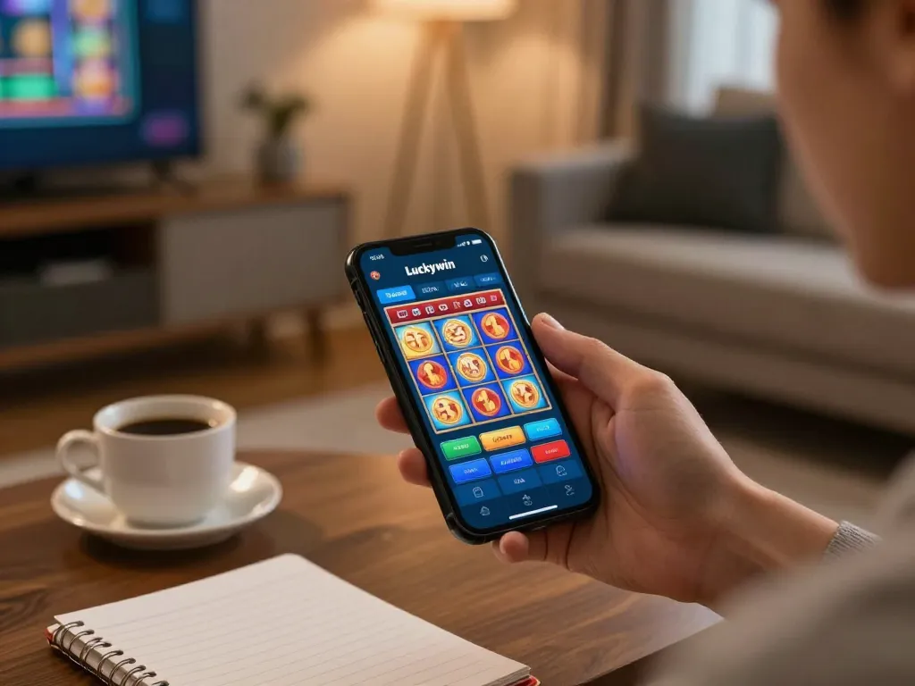 Engage in Đăng nhập Luckywin through the mobile app with a user in a cozy atmosphere