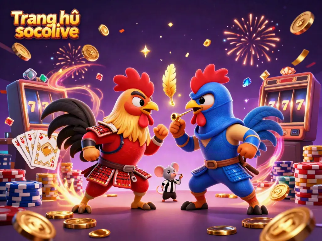 Engage in thrilling action with Trang chủ socolive's fighting roosters in a vibrant casino scene featuring dynamic gaming elements.