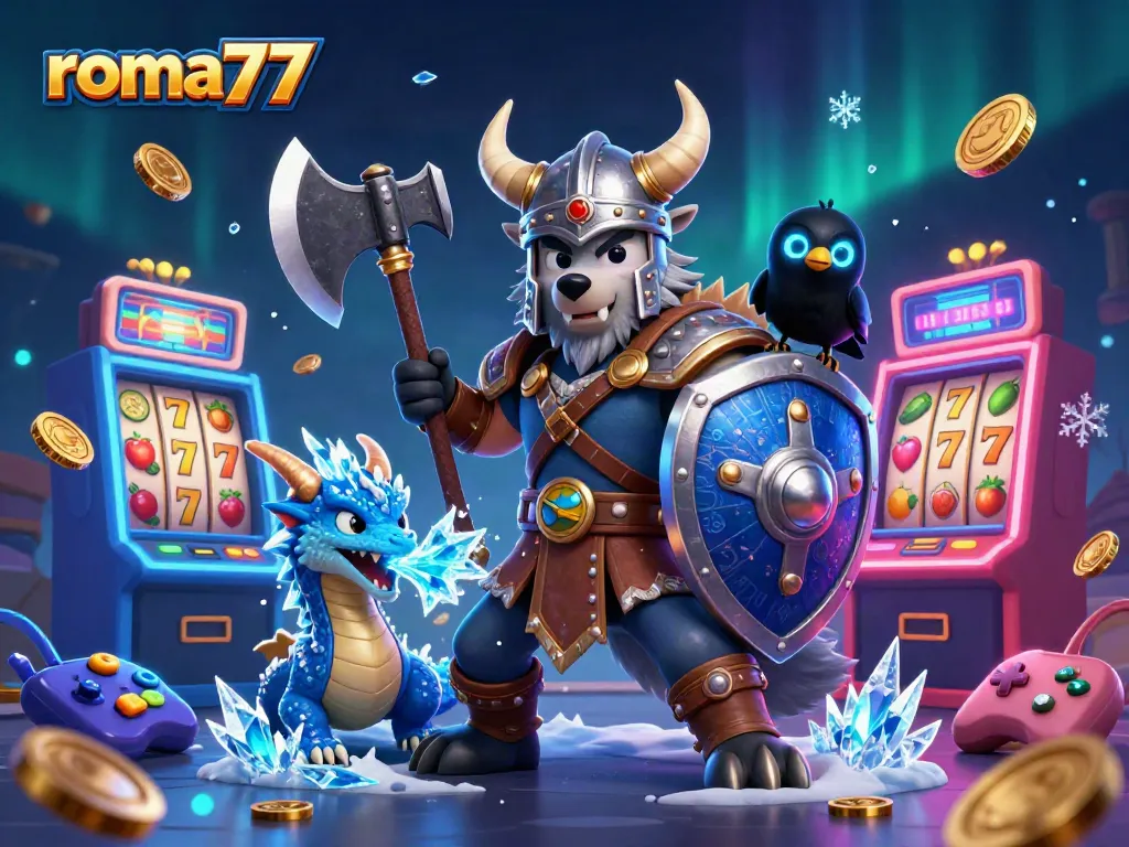 Slot permainan roma77 menampilkan pahlawan Viking, naga es, dan elemen kasino menarik.