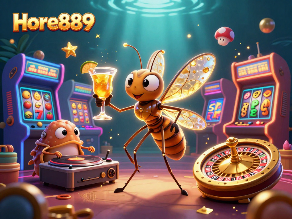 Engage with thrilling gameplay at Hore889 while a mosquito mascot celebrates with a golden cocktail amidst vibrant arcade elements.