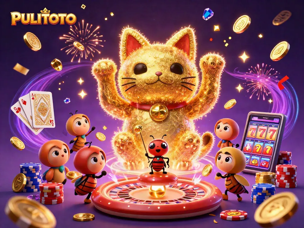 PULITOTO showcases a dynamic illustration with a lucky cat, coins, and casino symbols, evoking excitement in gaming.