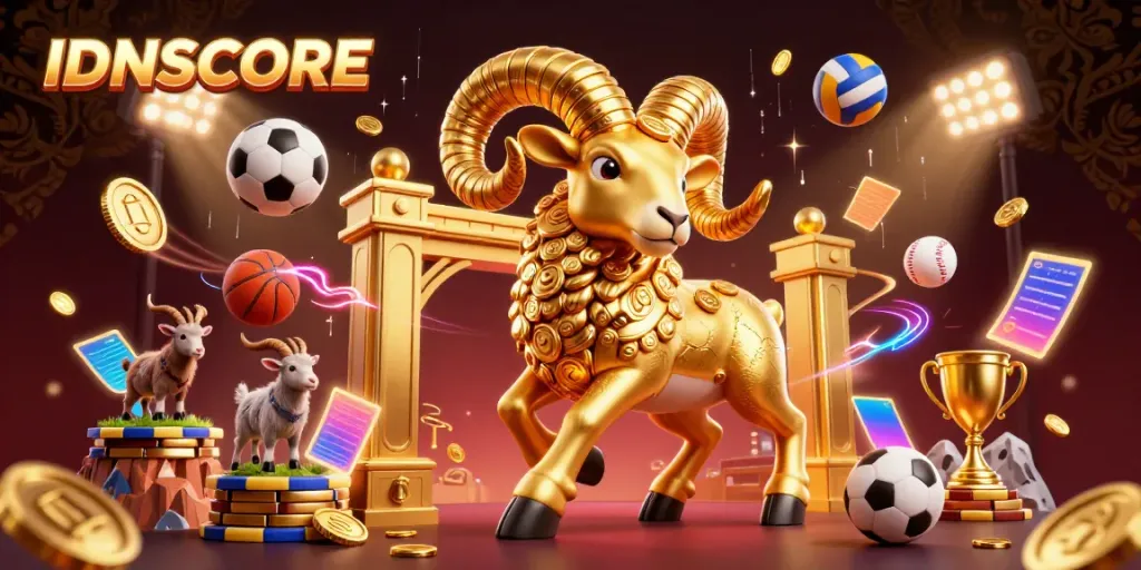 Engage with IDNSCORE's dynamic sports betting scene featuring a golden ram and lively sports balls.