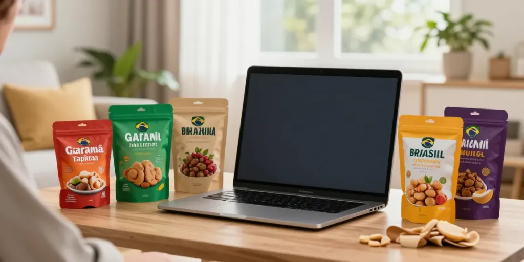 Belanja produk Brasil secara online dengan guaraná dan tapioca di ruang tamu yang cerah.