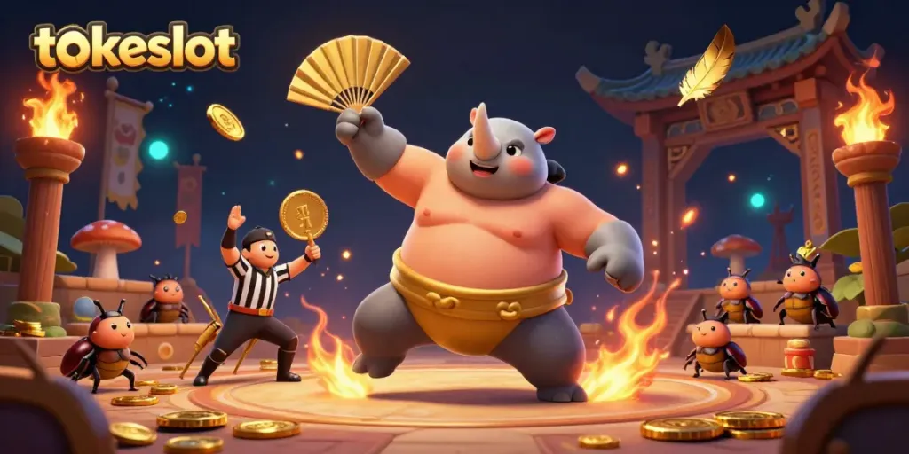 Experience the thrilling tokeslot world with a dynamic 3D beetle action scene, featuring coins flying and a cheering audience.